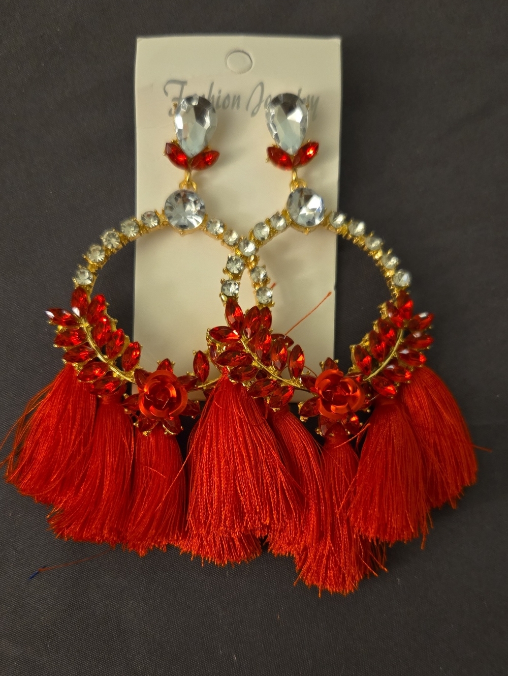 Fashion Jewelry Red Crystal Hoop Tassel Earrings